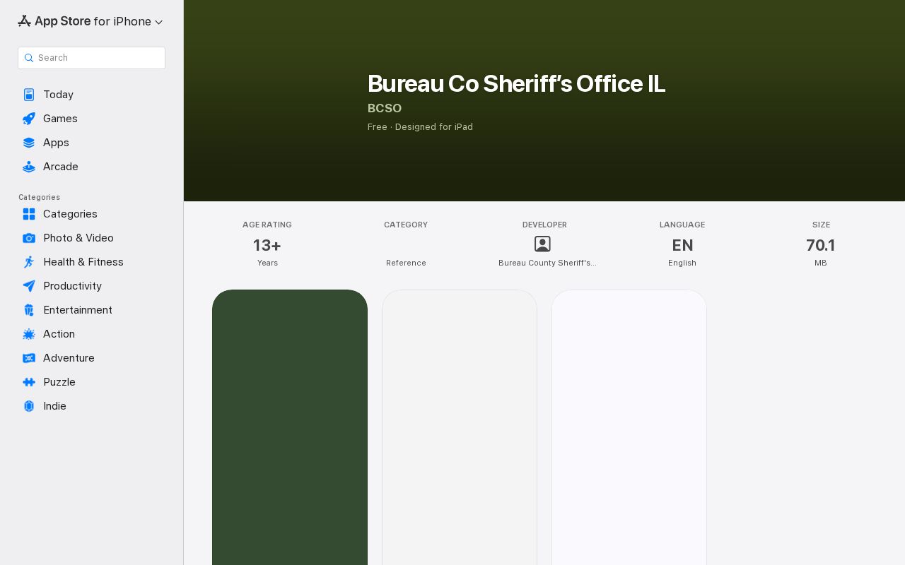 Bureau County Sheriff app listing with no verified 24-hour release feature