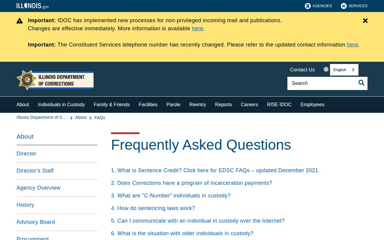 IDOC FAQ explaining offender search scope and sentence credit updates