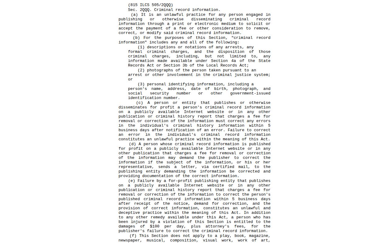 Illinois statute prohibiting payment demands to remove or correct criminal record information